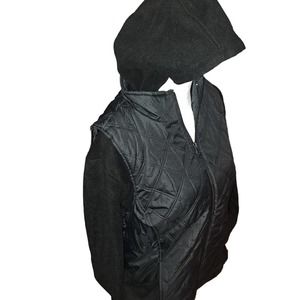 NIB-Med Denim&Co Black Quilted Zip Front Vest Removable Fleece Hoodie